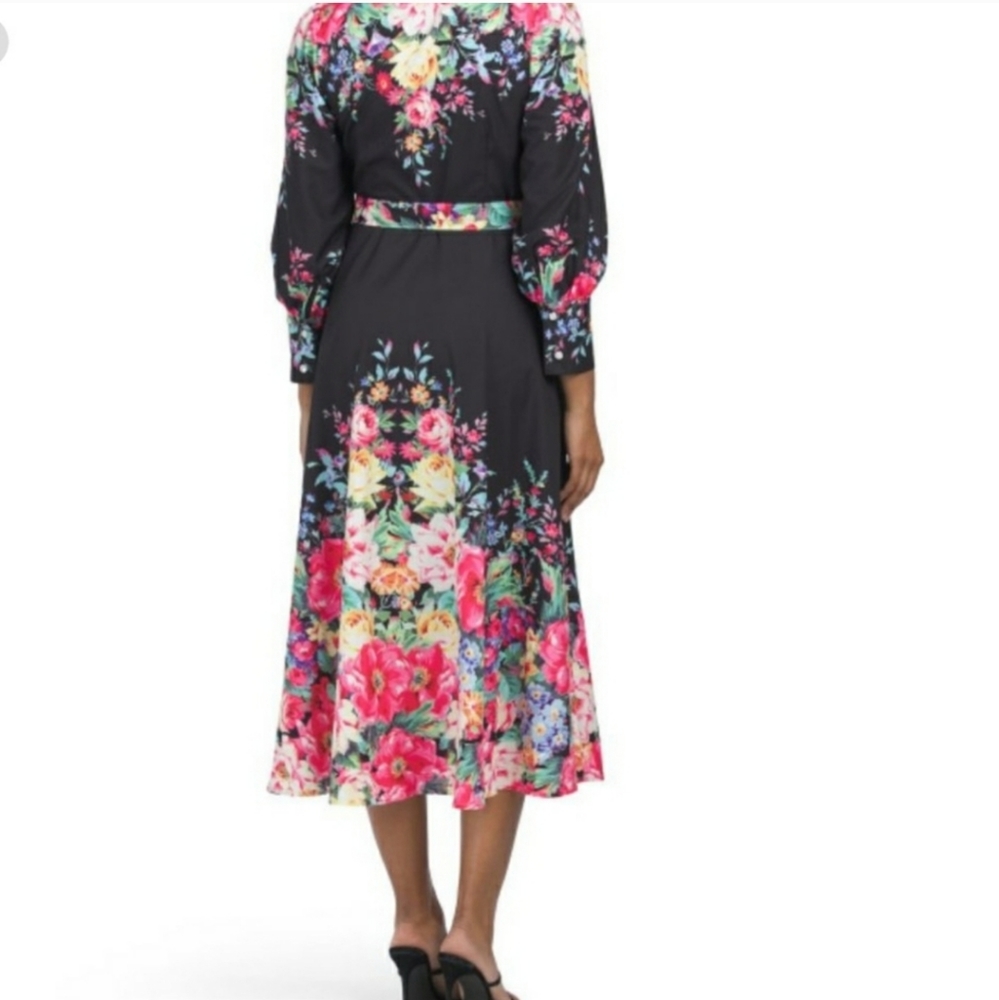 Nwt Dalia MacPhee Dress Large Black Pink Floral Button-Front  Long Sleeve Mi… - Picture 9 of 13